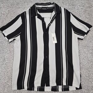 7Diamonds All Shook Up Mens Small Black White Striped Viscose Button Up Shirt